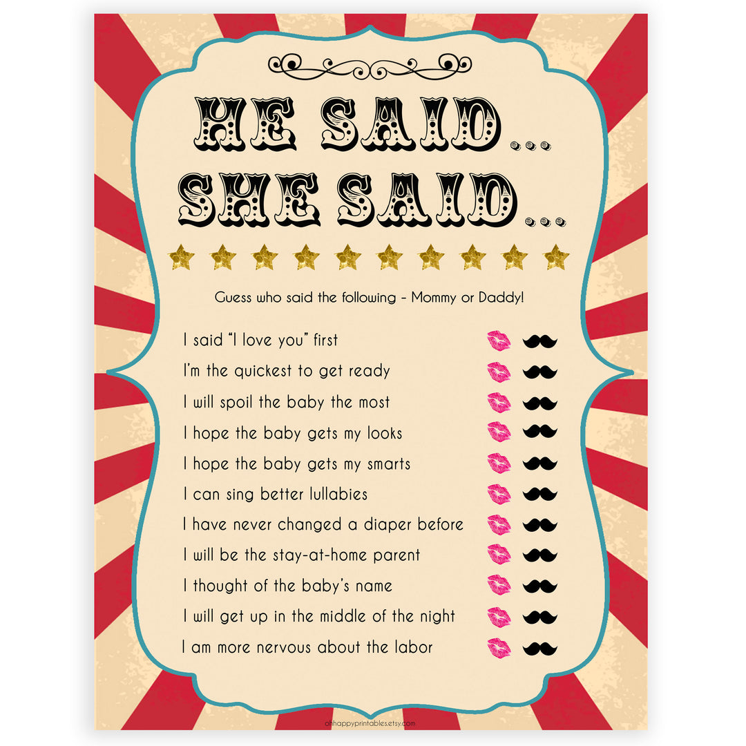 Circus he said she said baby shower games, circus baby games, carnival baby games, printable baby games, fun baby games, popular baby games, carnival baby shower, carnival theme