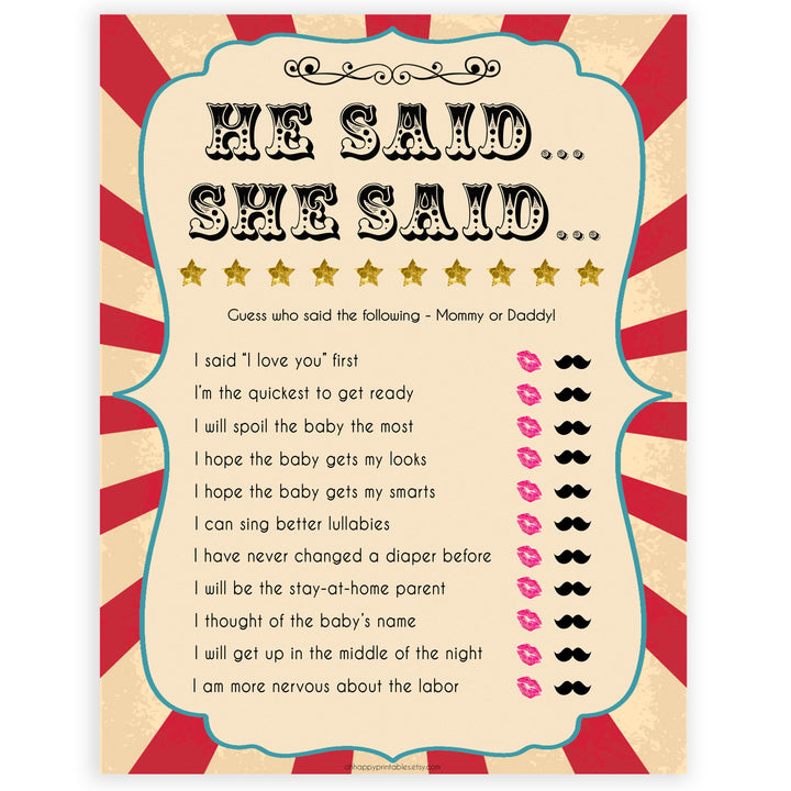 Circus he said she said baby shower games, circus baby games, carnival baby games, printable baby games, fun baby games, popular baby games, carnival baby shower, carnival theme