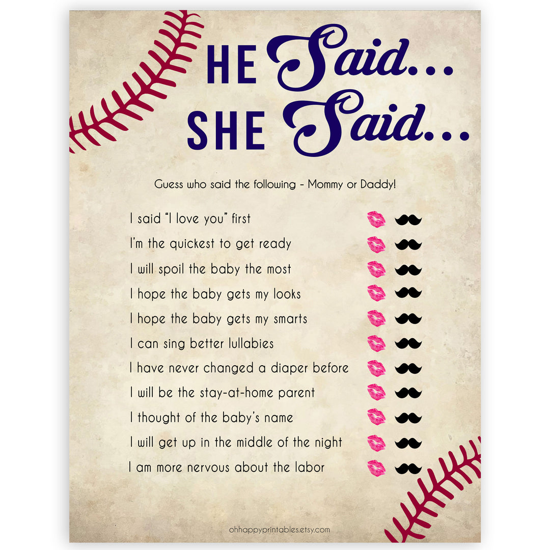 Baseball He Said She Said Baby Shower Game, Baby Shower, Who Said What Game, Fun Baby Shower Games, Baby Shower Games, He Said She, printable baby shower games, fun baby shower games, popular baby shower games