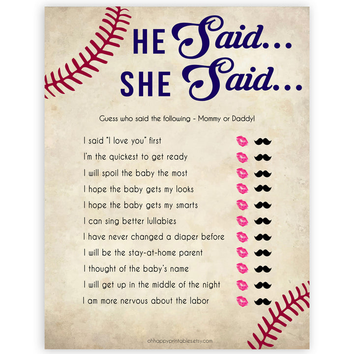 Baseball He Said She Said Baby Shower Game, Baby Shower, Who Said What Game, Fun Baby Shower Games, Baby Shower Games, He Said She, printable baby shower games, fun baby shower games, popular baby shower games