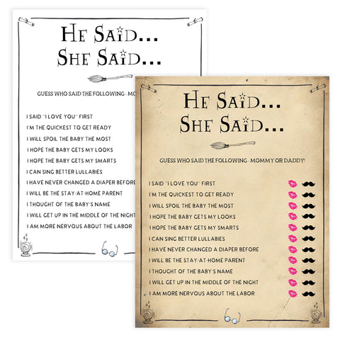 He Said She Said Baby Game, Wizard baby shower games, printable baby shower games, Harry Potter baby games, Harry Potter baby shower, fun baby shower games,  fun baby ideas