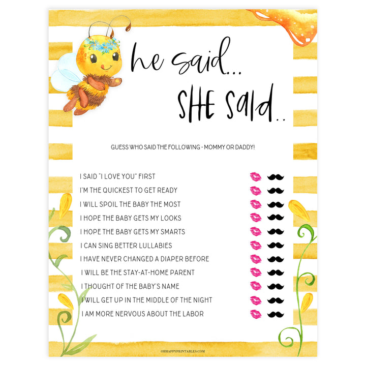 he said she said baby game, Printable baby shower games, mommy bee fun baby games, baby shower games, fun baby shower ideas, top baby shower ideas, mommy to bee baby shower, friends baby shower ideas