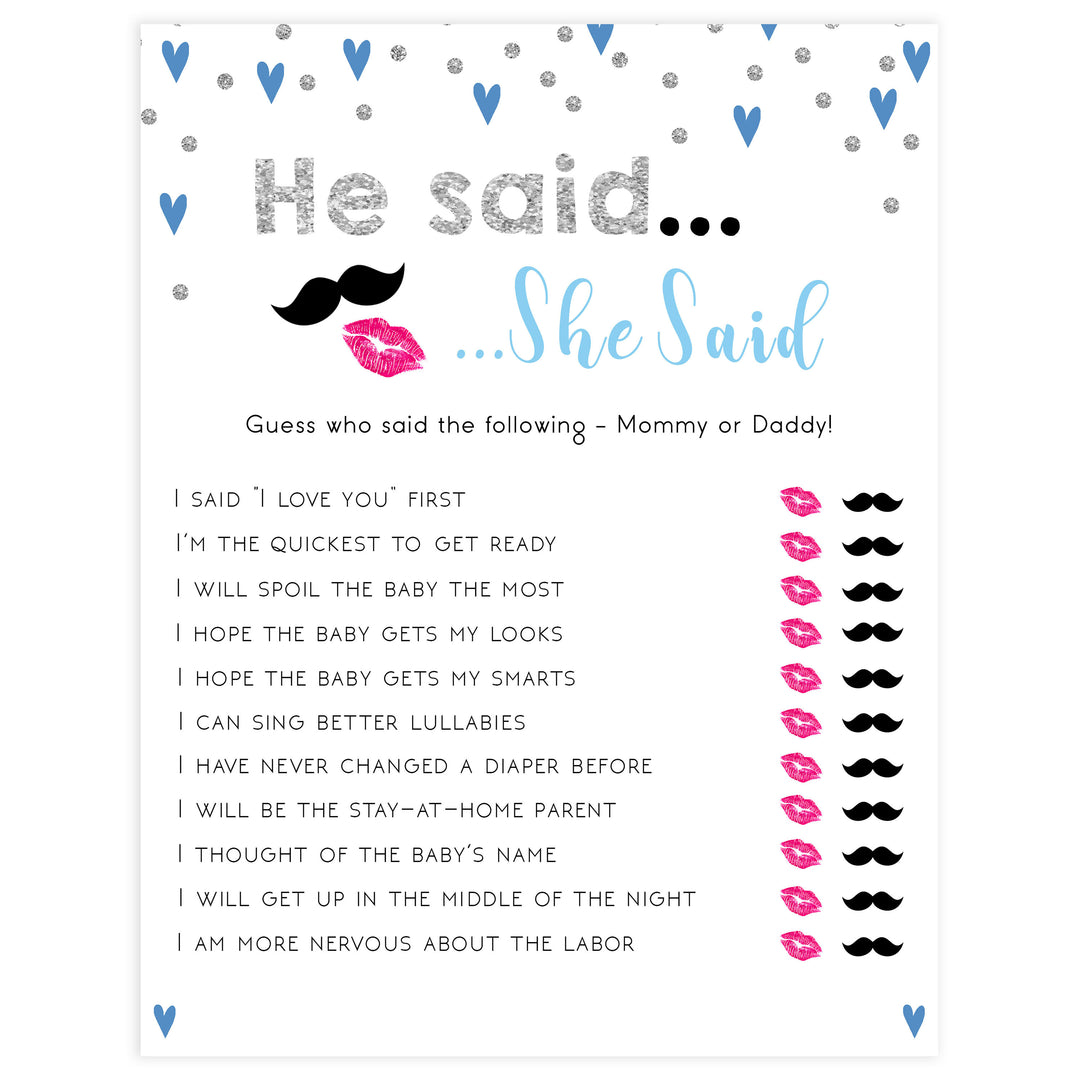 he said she said, baby who said it, Printable baby shower games, small blue hearts fun baby games, baby shower games, fun baby shower ideas, top baby shower ideas, silver baby shower, blue hearts baby shower ideas