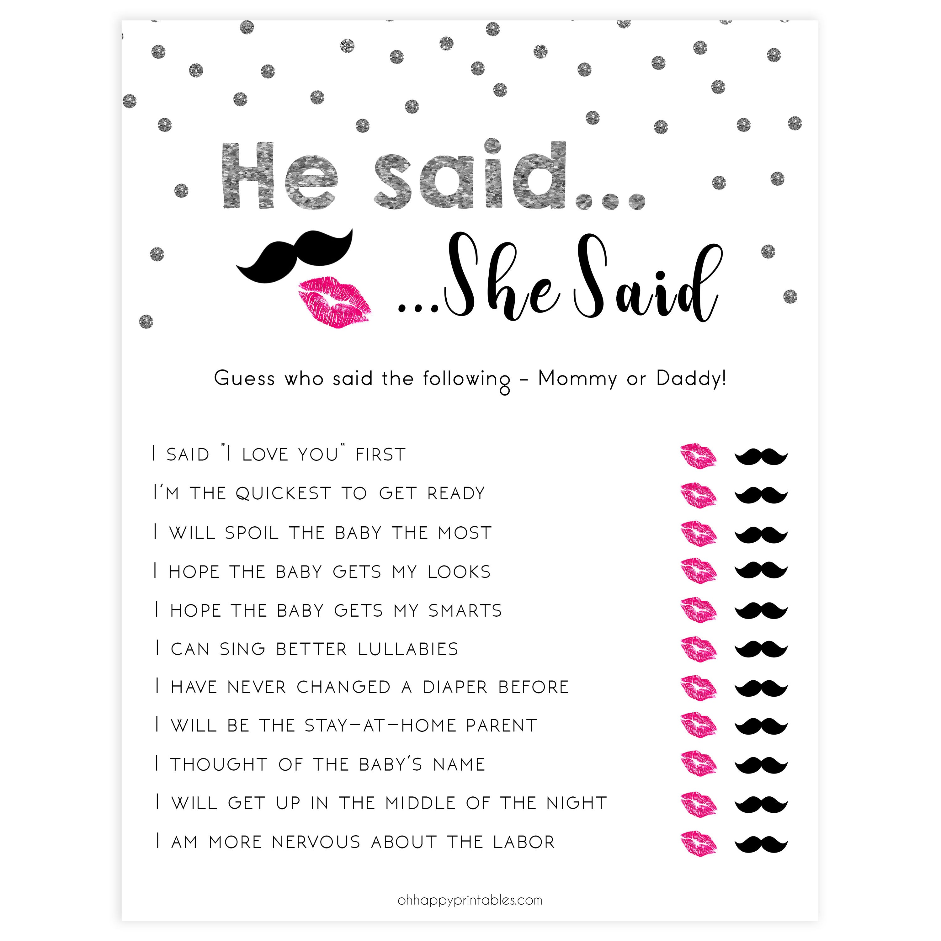 he said she said, mommy daddy guess who game, Printable baby shower games, baby silver glitter fun baby games, baby shower games, fun baby shower ideas, top baby shower ideas, silver glitter shower baby shower, friends baby shower ideas