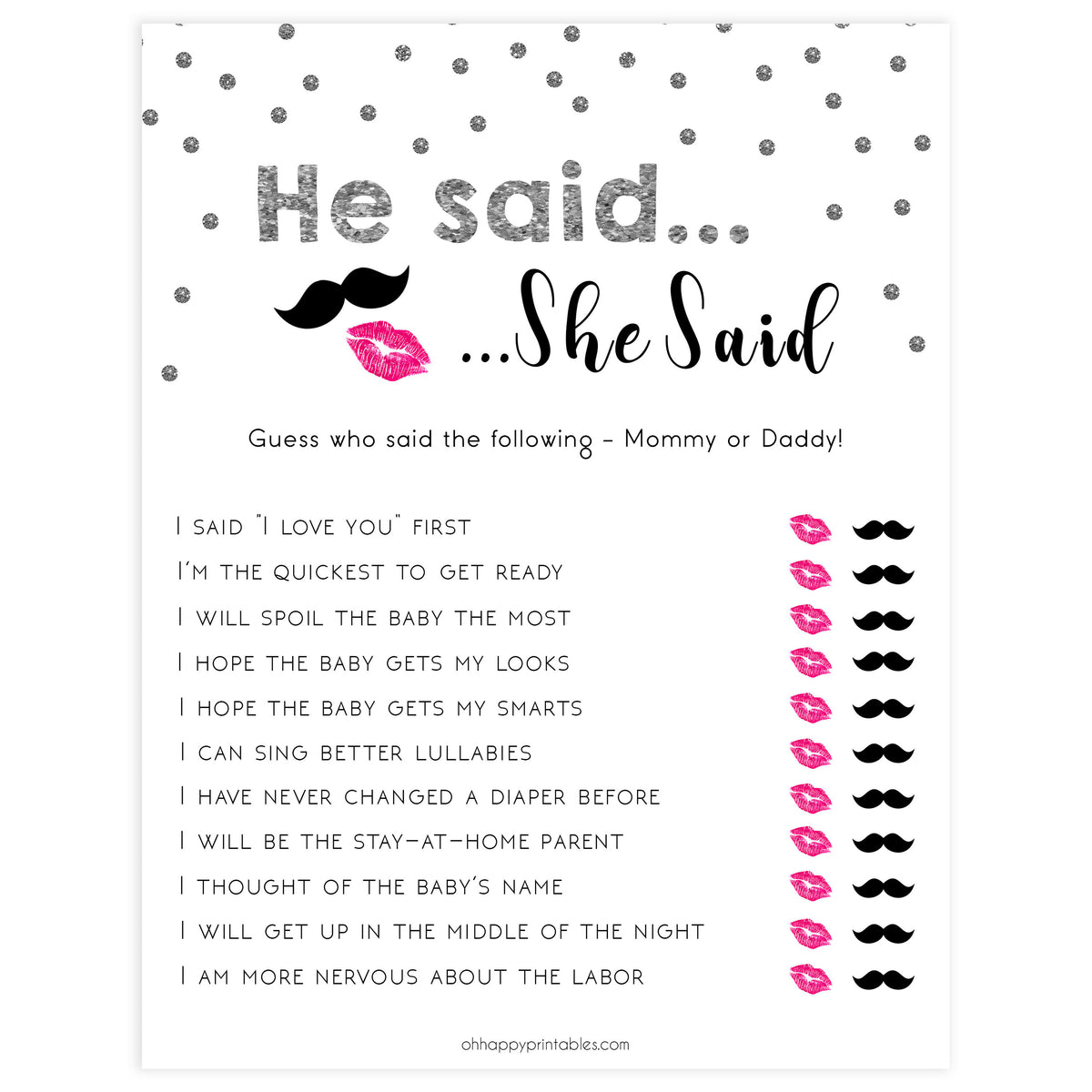 he said she said, mommy daddy guess who game, Printable baby shower games, baby silver glitter fun baby games, baby shower games, fun baby shower ideas, top baby shower ideas, silver glitter shower baby shower, friends baby shower ideas