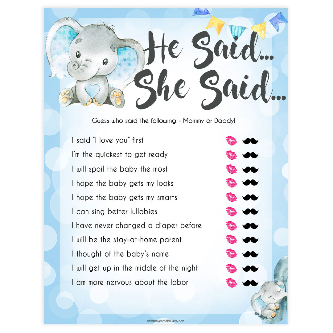 Blue elephant baby games, he said she said, elephant baby games, printable baby games, top baby games, best baby shower games, baby shower ideas, fun baby games, elephant baby shower