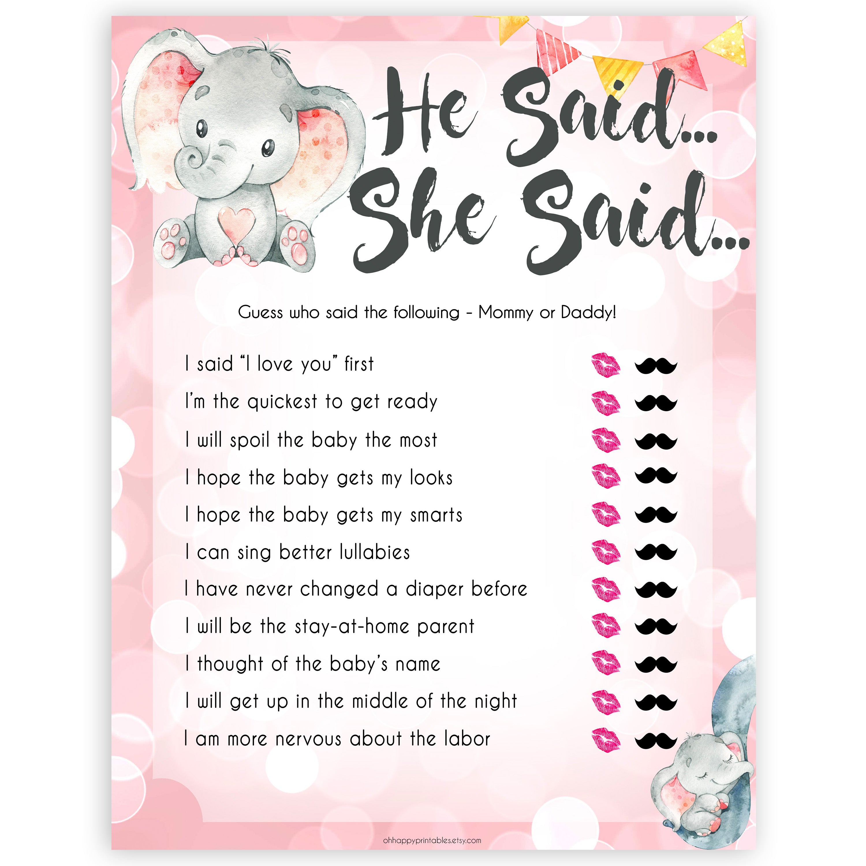 pink elephant baby games, he said she said baby shower games, printable baby shower games, baby shower games, fun baby games, popular baby games, pink baby games