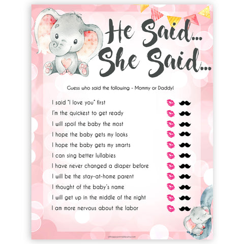 pink elephant baby games, he said she said baby shower games, printable baby shower games, baby shower games, fun baby games, popular baby games, pink baby games