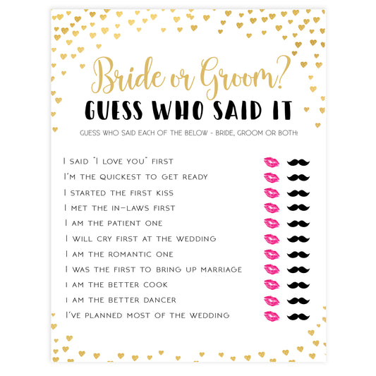 Gold hearts bridal shower games, he said she said, printable bridal games, gold bridal games, gold hearts bridal games, fun bridal games, top bridal games, best bridal games