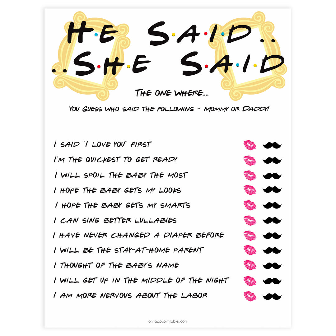 He Said She Said Baby Game, Printable baby shower games, friends fun baby games, baby shower games, fun baby shower ideas, top baby shower ideas, friends baby shower, friends baby shower ideas