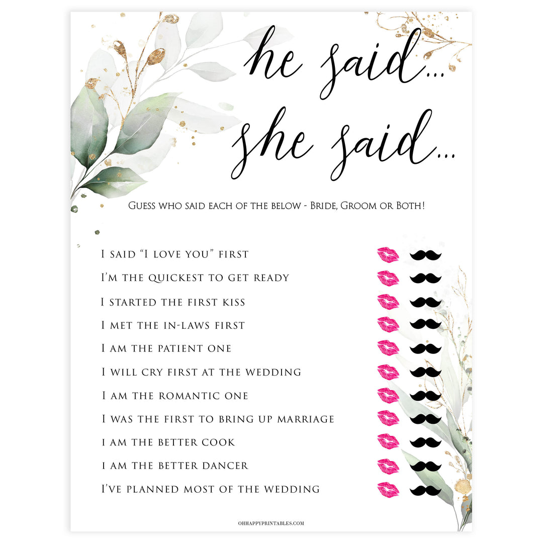 he said she said bridal game, who said it bridal game, Printable bridal shower games, greenery bridal shower, gold leaf bridal shower games, fun bridal shower games, bridal shower game ideas, greenery bridal shower