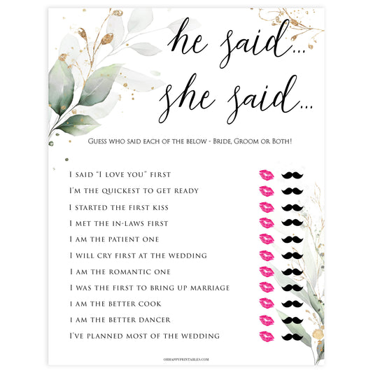 he said she said bridal game, who said it bridal game, Printable bridal shower games, greenery bridal shower, gold leaf bridal shower games, fun bridal shower games, bridal shower game ideas, greenery bridal shower