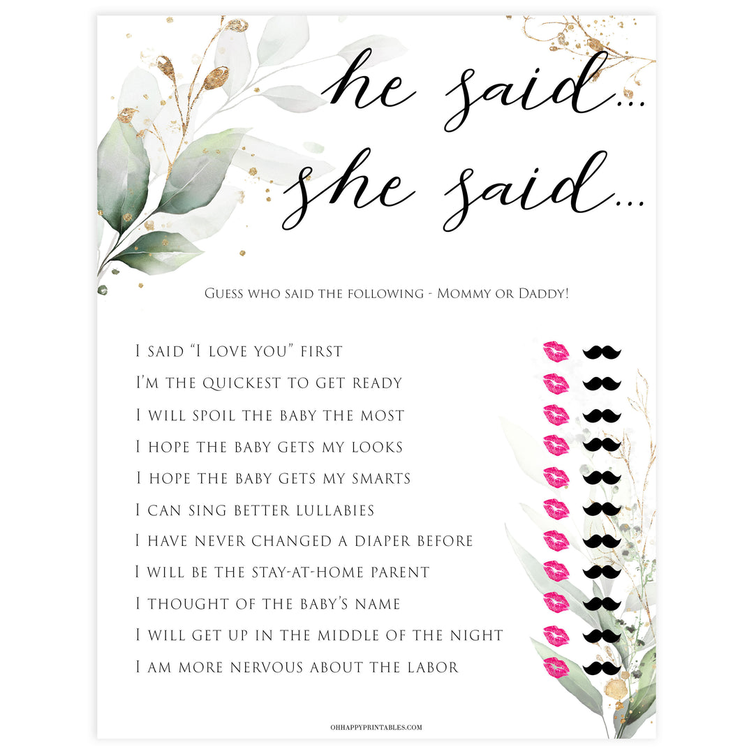 Gold green leaf baby games, he said she said, printable baby games, fun baby games, top baby games to play, gold leaf baby shower, greenery baby shower ideas