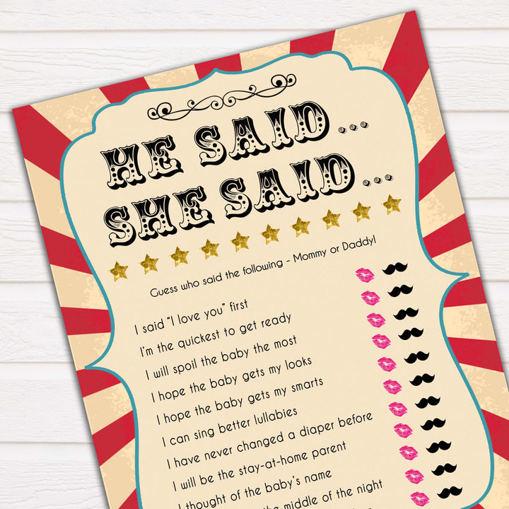 Circus he said she said baby shower games, circus baby games, carnival baby games, printable baby games, fun baby games, popular baby games, carnival baby shower, carnival theme