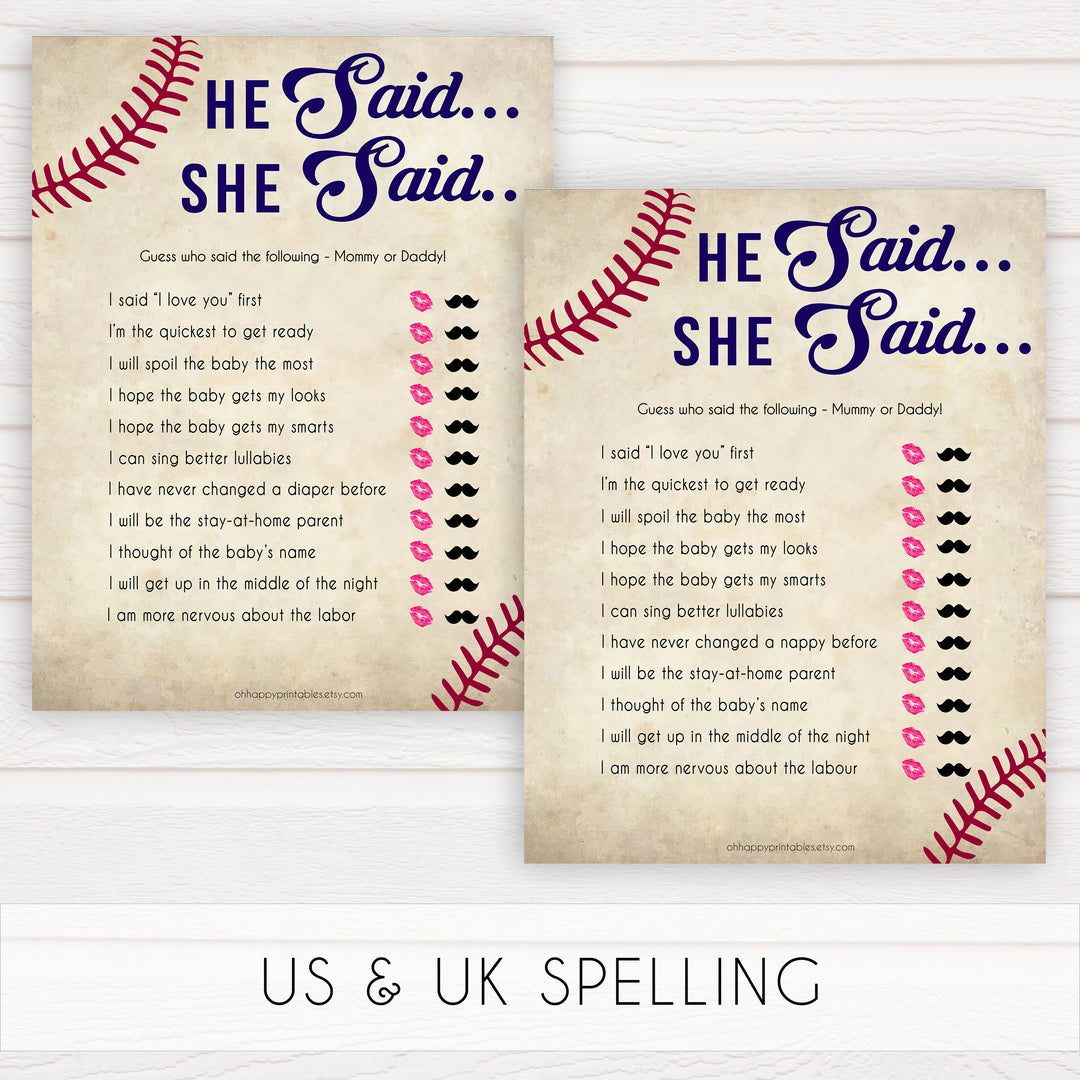 Baseball He Said She Said Baby Shower Game, Baby Shower, Who Said What Game, Fun Baby Shower Games, Baby Shower Games, He Said She, printable baby shower games, fun baby shower games, popular baby shower games