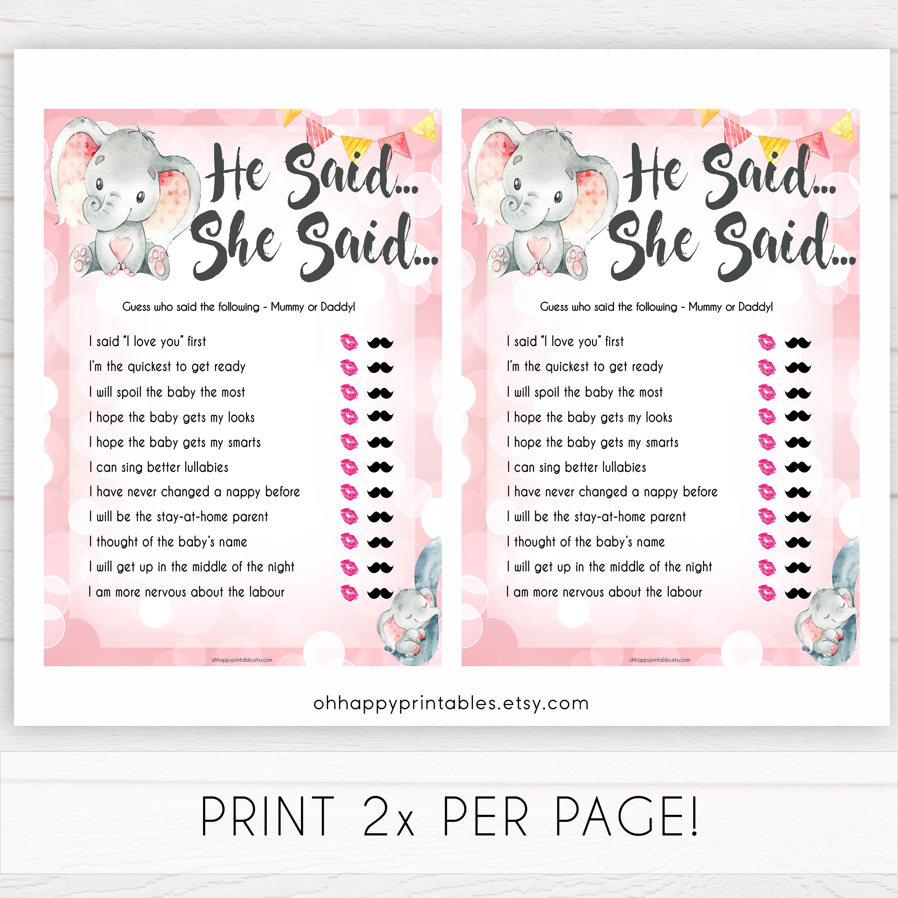 pink elephant baby games, he said she said baby shower games, printable baby shower games, baby shower games, fun baby games, popular baby games, pink baby games