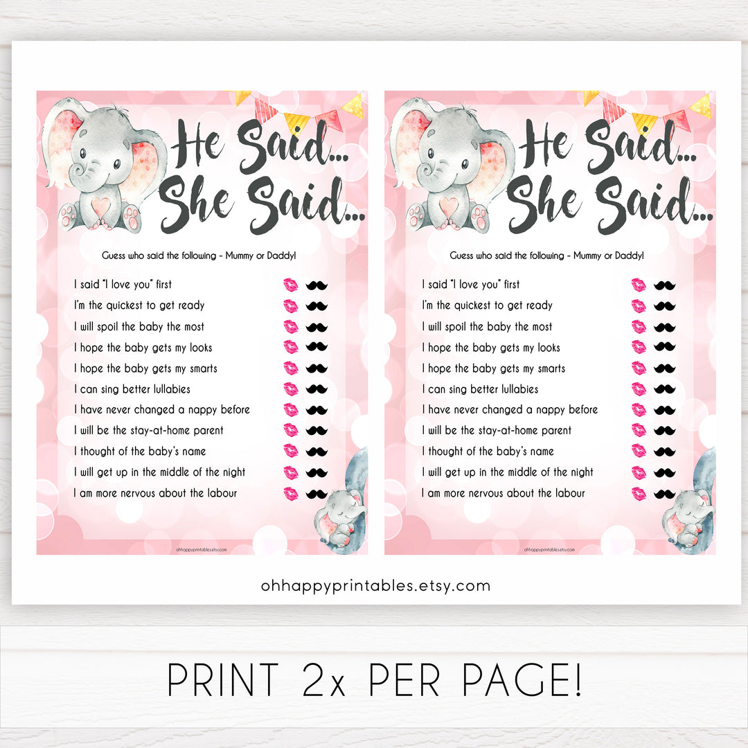 pink elephant baby games, he said she said baby shower games, printable baby shower games, baby shower games, fun baby games, popular baby games, pink baby games