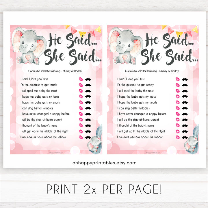 pink elephant baby games, he said she said baby shower games, printable baby shower games, baby shower games, fun baby games, popular baby games, pink baby games