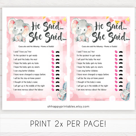 pink elephant baby games, he said she said baby shower games, printable baby shower games, baby shower games, fun baby games, popular baby games, pink baby games