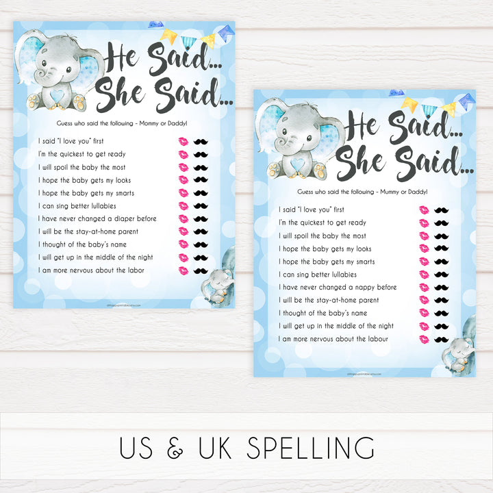 Blue elephant baby games, he said she said, elephant baby games, printable baby games, top baby games, best baby shower games, baby shower ideas, fun baby games, elephant baby shower