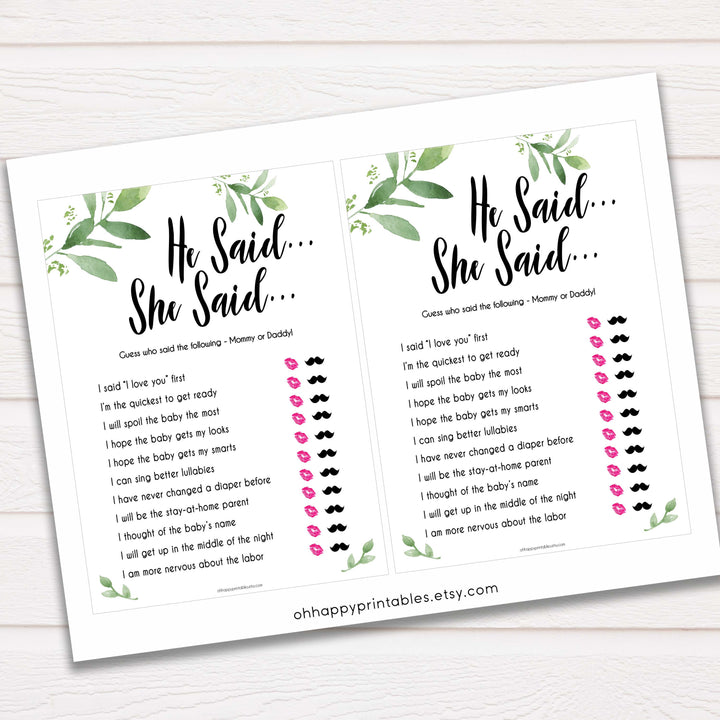 Botanical He Said She Said Baby Shower Game, Who Said It, Baby Shower Games, He Said She Said Game, Mommy or Daddy Game, Who What What, baby shower games, funny baby games
