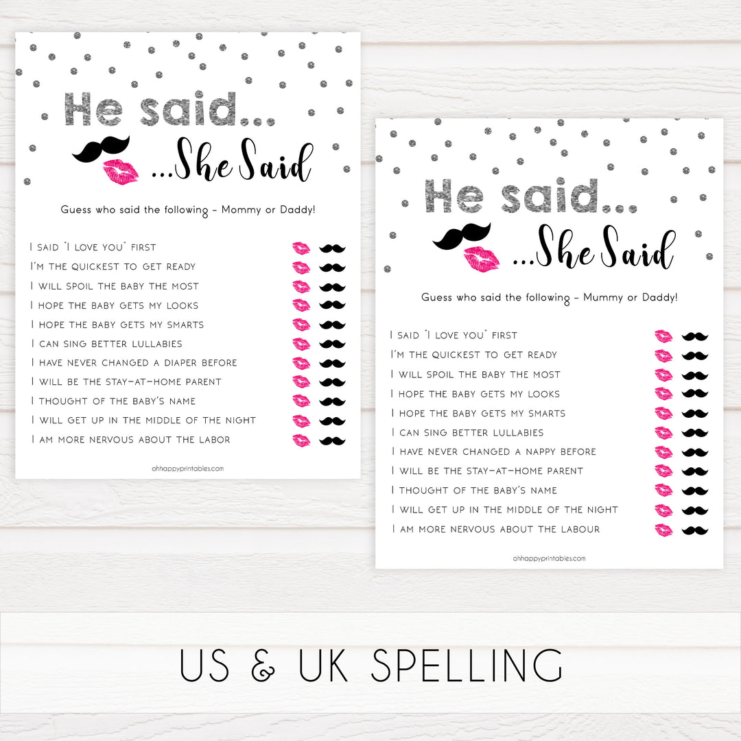 he said she said, mommy daddy guess who game, Printable baby shower games, baby silver glitter fun baby games, baby shower games, fun baby shower ideas, top baby shower ideas, silver glitter shower baby shower, friends baby shower ideas