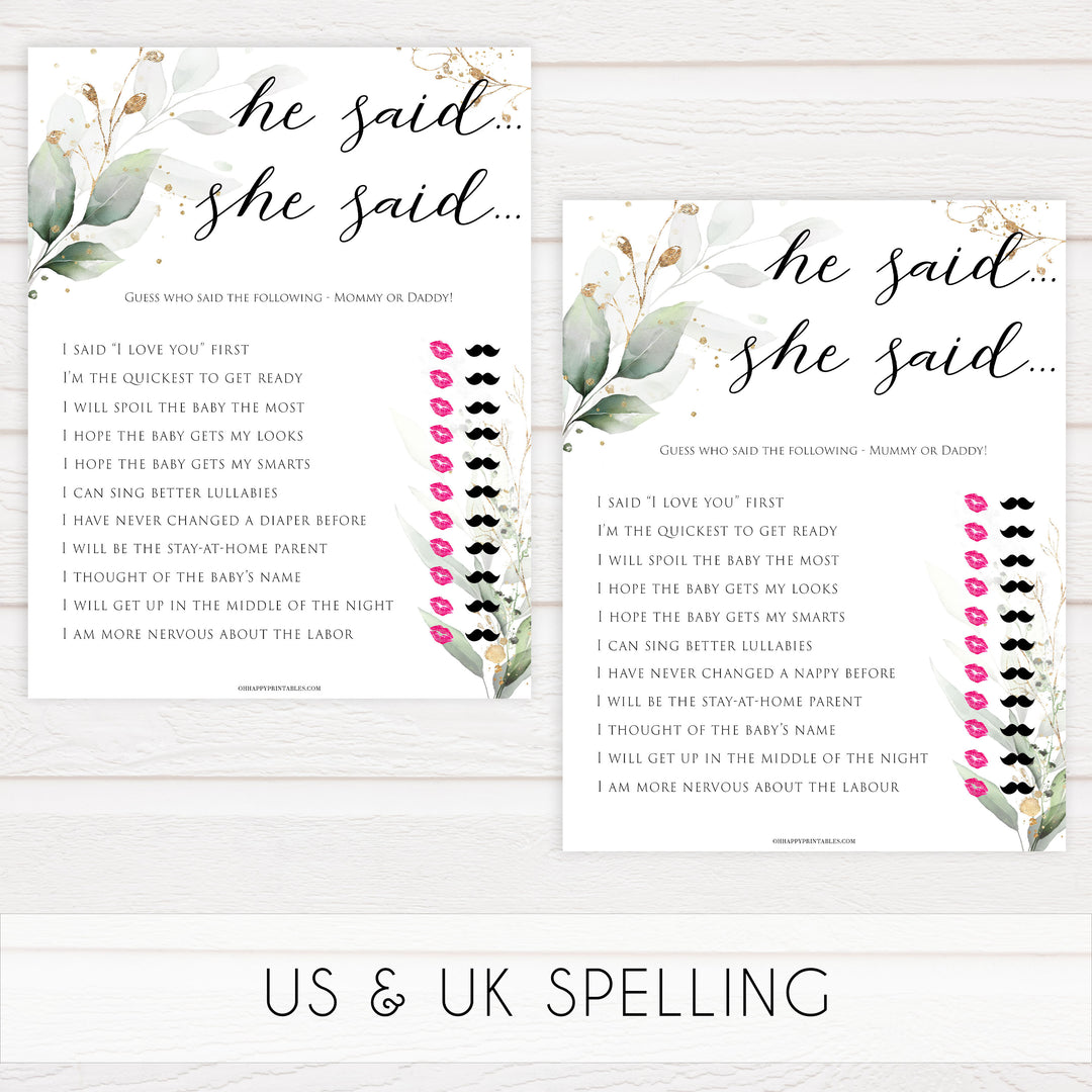 Gold green leaf baby games, he said she said, printable baby games, fun baby games, top baby games to play, gold leaf baby shower, greenery baby shower ideas