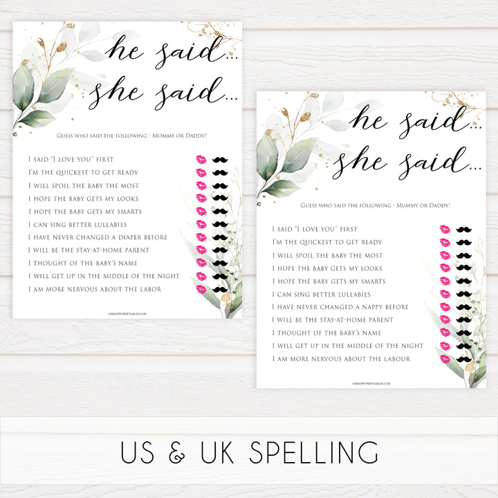 Gold green leaf baby games, he said she said, printable baby games, fun baby games, top baby games to play, gold leaf baby shower, greenery baby shower ideas