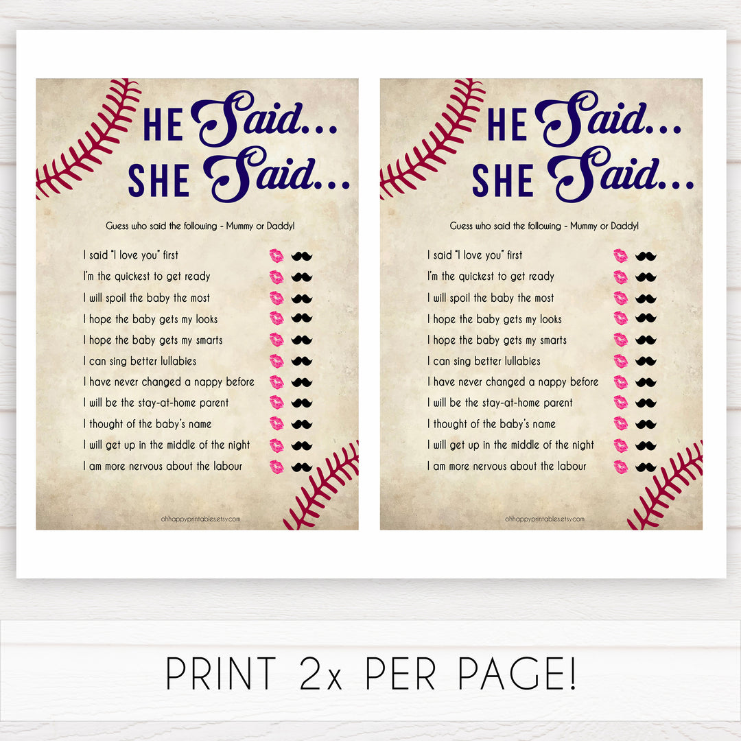 Baseball He Said She Said Baby Shower Game, Baby Shower, Who Said What Game, Fun Baby Shower Games, Baby Shower Games, He Said She, printable baby shower games, fun baby shower games, popular baby shower games