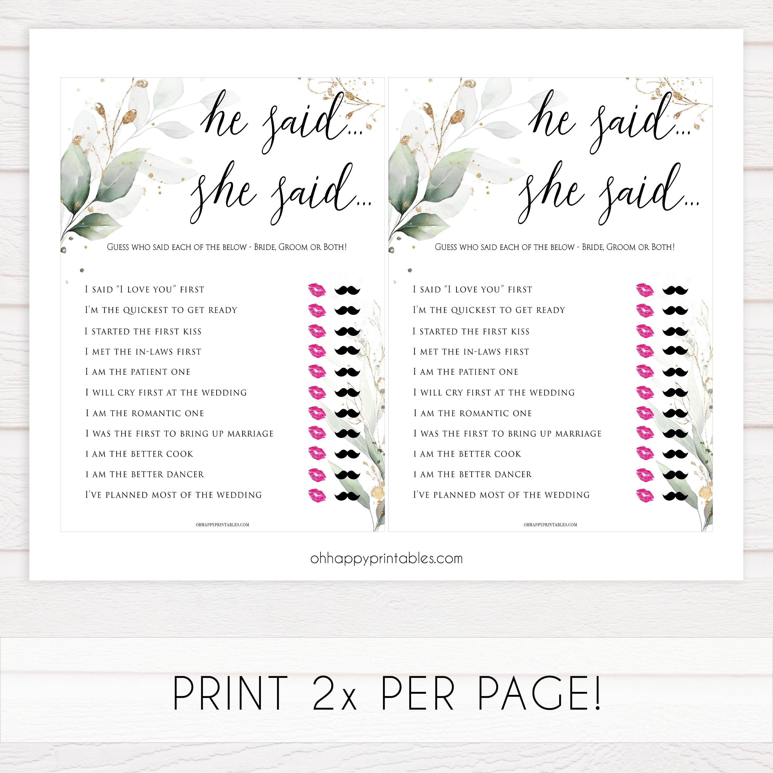 he said she said bridal game, who said it bridal game, Printable bridal shower games, greenery bridal shower, gold leaf bridal shower games, fun bridal shower games, bridal shower game ideas, greenery bridal shower