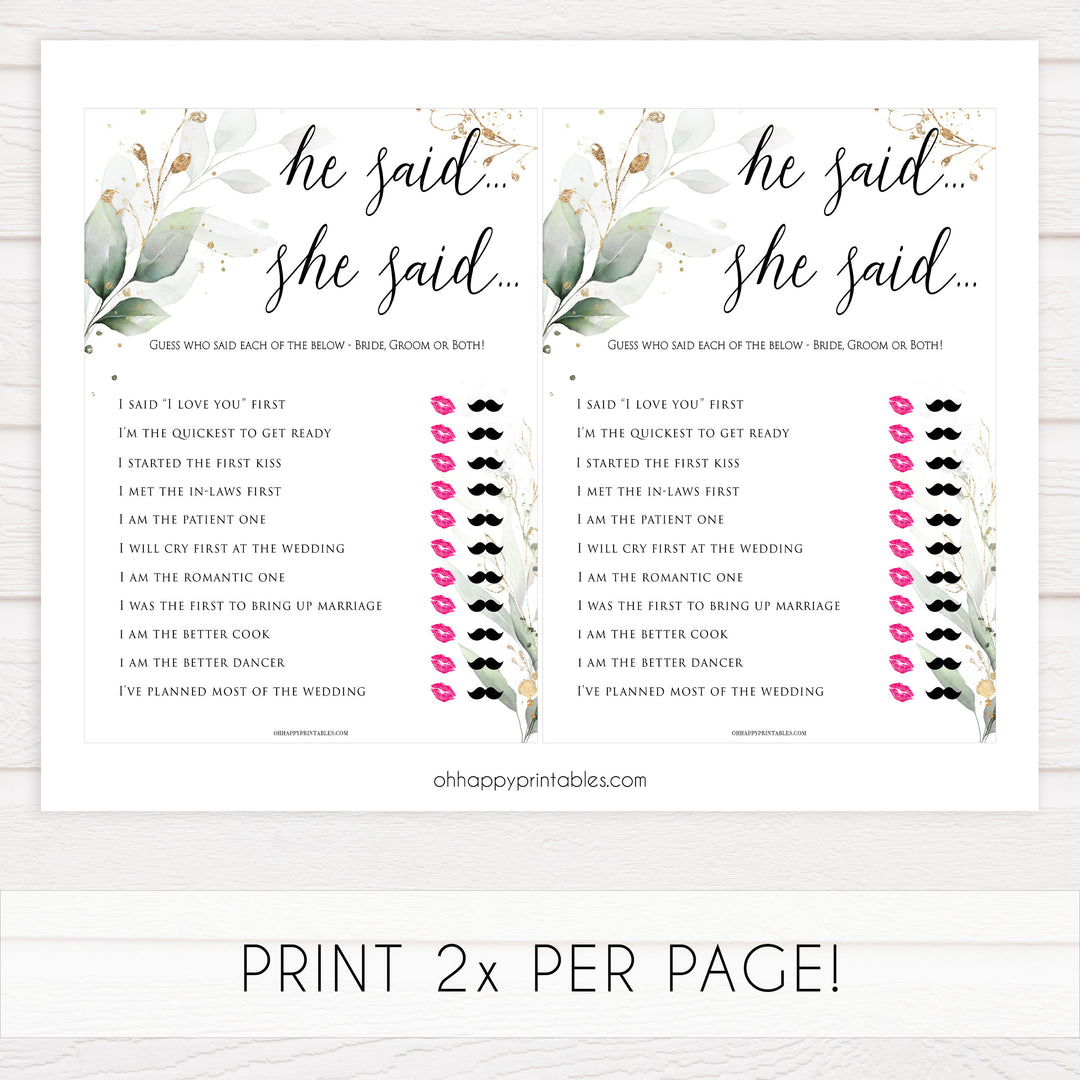 he said she said bridal game, who said it bridal game, Printable bridal shower games, greenery bridal shower, gold leaf bridal shower games, fun bridal shower games, bridal shower game ideas, greenery bridal shower
