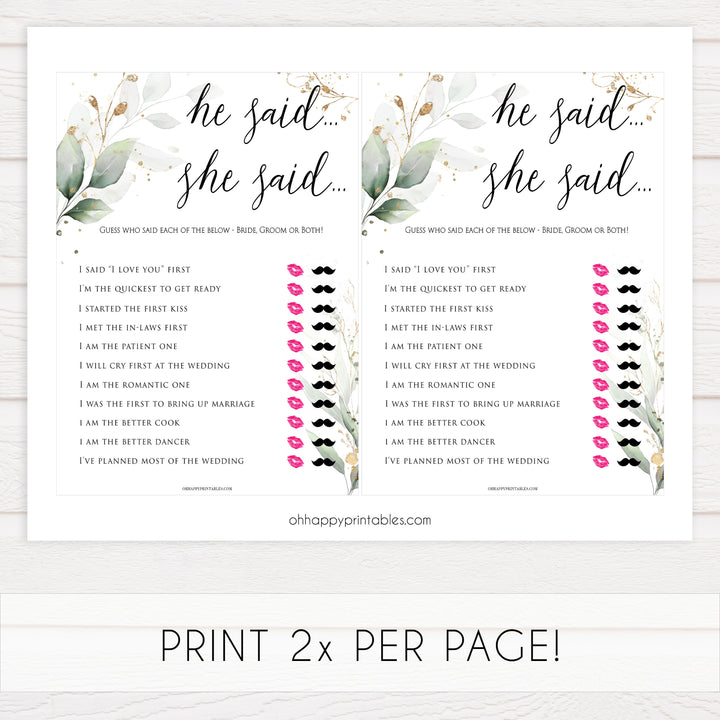 he said she said bridal game, who said it bridal game, Printable bridal shower games, greenery bridal shower, gold leaf bridal shower games, fun bridal shower games, bridal shower game ideas, greenery bridal shower