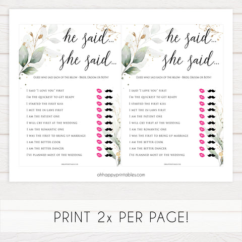 he said she said bridal game, who said it bridal game, Printable bridal shower games, greenery bridal shower, gold leaf bridal shower games, fun bridal shower games, bridal shower game ideas, greenery bridal shower