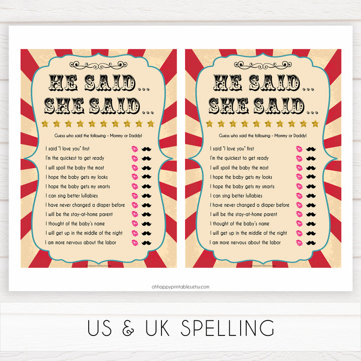 Circus he said she said baby shower games, circus baby games, carnival baby games, printable baby games, fun baby games, popular baby games, carnival baby shower, carnival theme