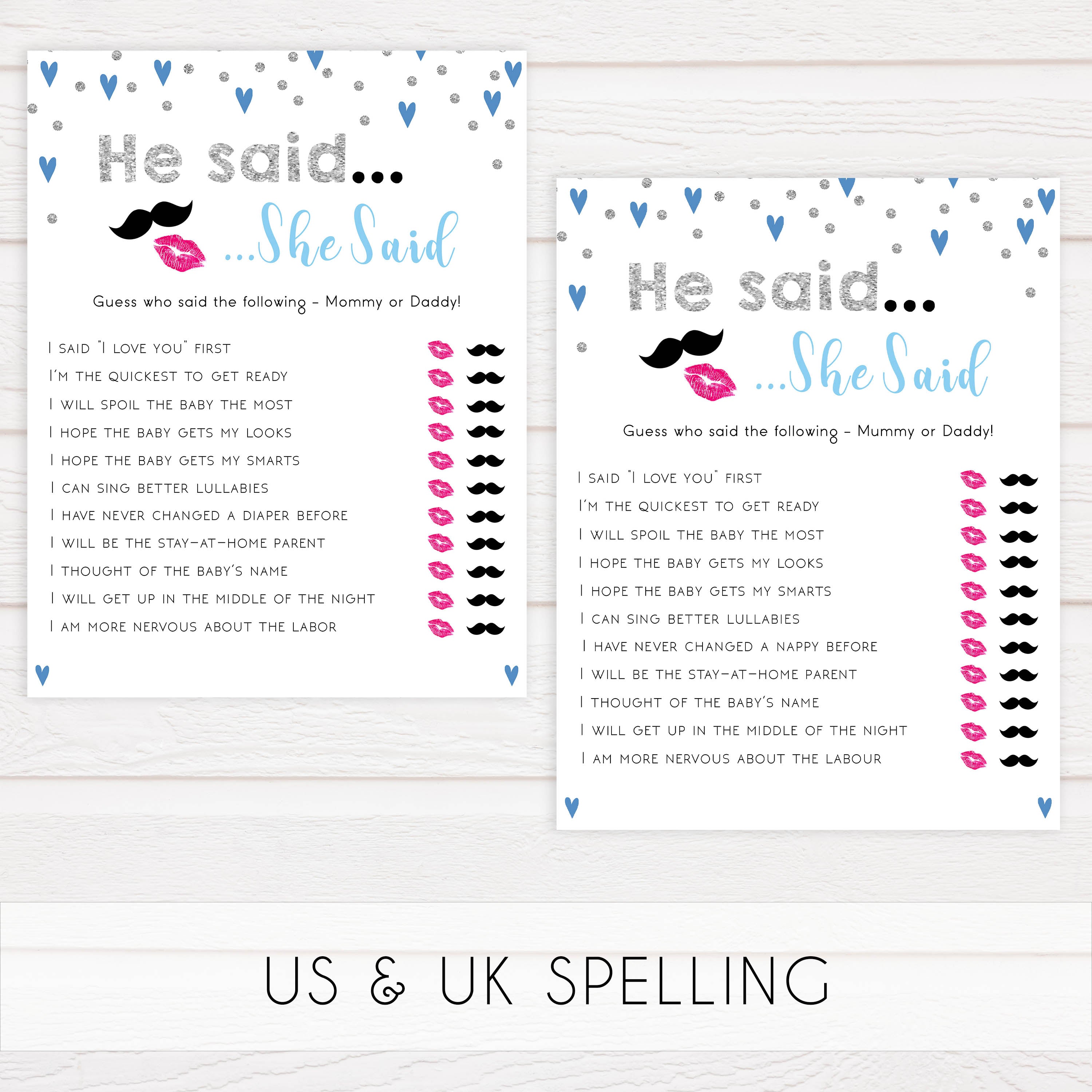 he said she said, baby who said it, Printable baby shower games, small blue hearts fun baby games, baby shower games, fun baby shower ideas, top baby shower ideas, silver baby shower, blue hearts baby shower ideas