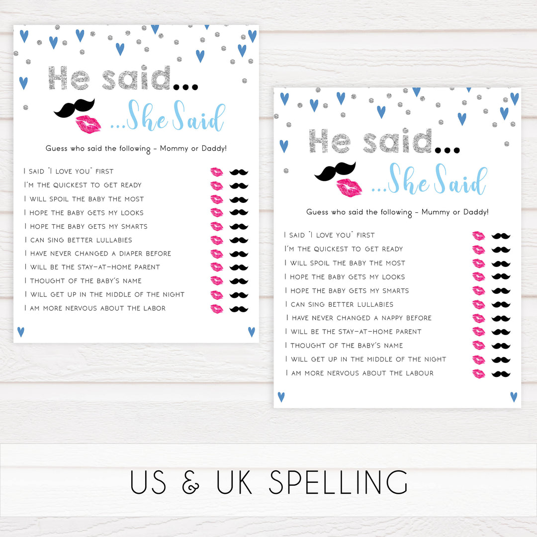 he said she said, baby who said it, Printable baby shower games, small blue hearts fun baby games, baby shower games, fun baby shower ideas, top baby shower ideas, silver baby shower, blue hearts baby shower ideas