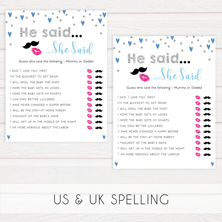 he said she said, baby who said it, Printable baby shower games, small blue hearts fun baby games, baby shower games, fun baby shower ideas, top baby shower ideas, silver baby shower, blue hearts baby shower ideas
