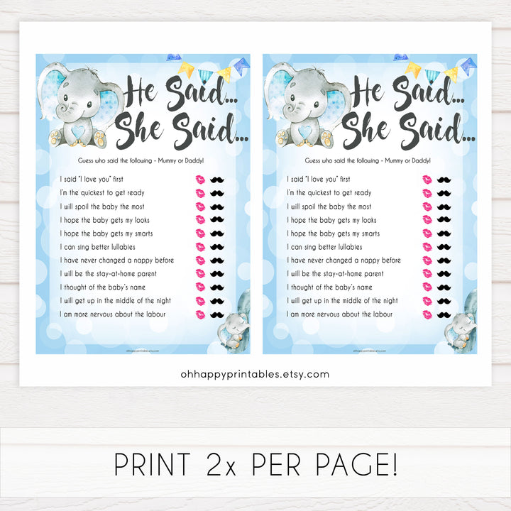 Blue elephant baby games, he said she said, elephant baby games, printable baby games, top baby games, best baby shower games, baby shower ideas, fun baby games, elephant baby shower