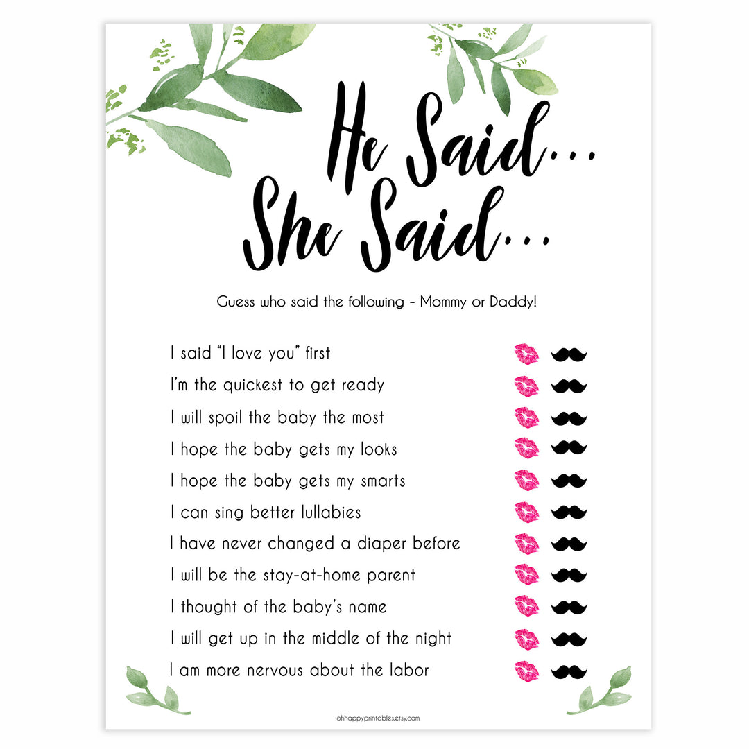 Botanical He Said She Said Baby Shower Game, Who Said It, Baby Shower Games, He Said She Said Game, Mommy or Daddy Game, Who What What, baby shower games, funny baby games