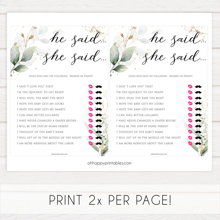 Gold green leaf baby games, he said she said, printable baby games, fun baby games, top baby games to play, gold leaf baby shower, greenery baby shower ideas