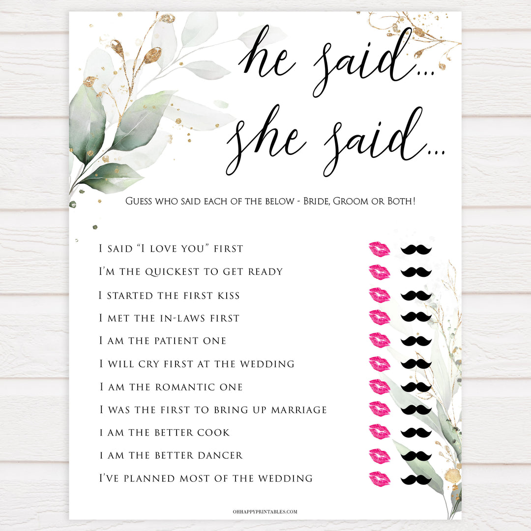 he said she said bridal game, who said it bridal game, Printable bridal shower games, greenery bridal shower, gold leaf bridal shower games, fun bridal shower games, bridal shower game ideas, greenery bridal shower