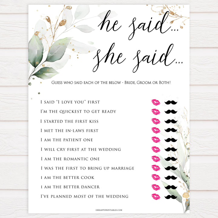 he said she said bridal game, who said it bridal game, Printable bridal shower games, greenery bridal shower, gold leaf bridal shower games, fun bridal shower games, bridal shower game ideas, greenery bridal shower