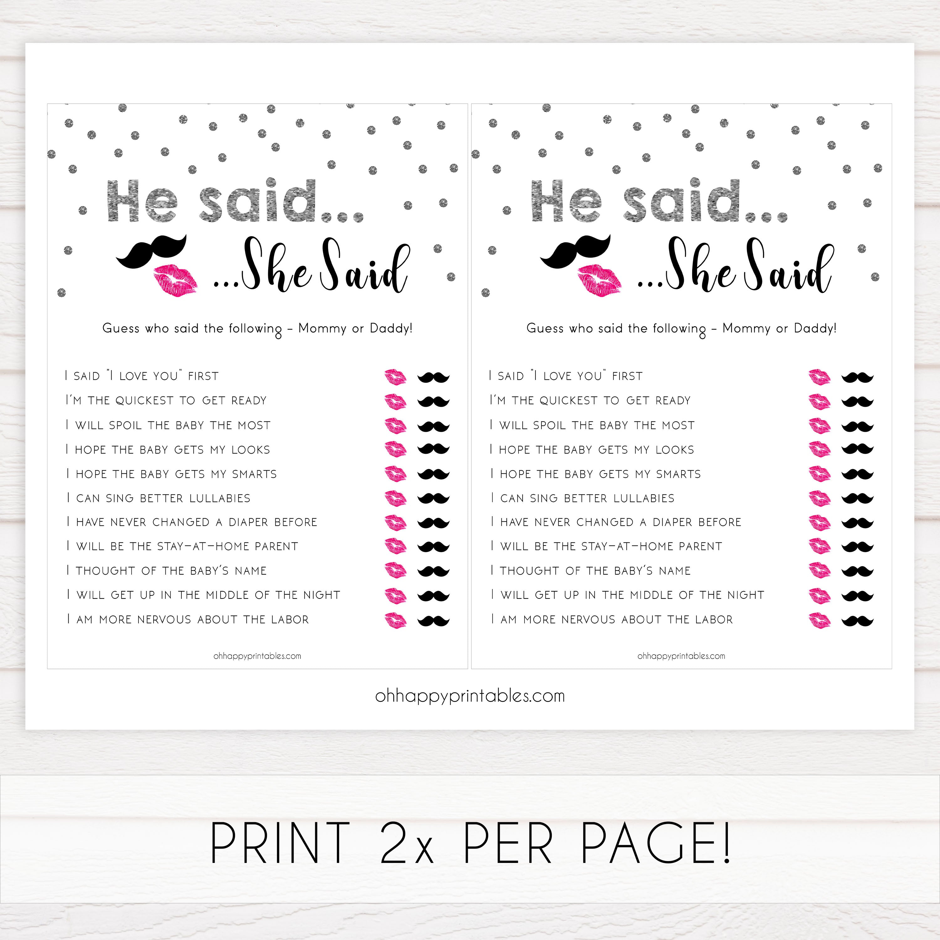 he said she said, mommy daddy guess who game, Printable baby shower games, baby silver glitter fun baby games, baby shower games, fun baby shower ideas, top baby shower ideas, silver glitter shower baby shower, friends baby shower ideas