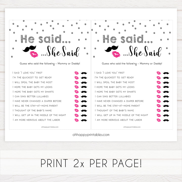 he said she said, mommy daddy guess who game, Printable baby shower games, baby silver glitter fun baby games, baby shower games, fun baby shower ideas, top baby shower ideas, silver glitter shower baby shower, friends baby shower ideas