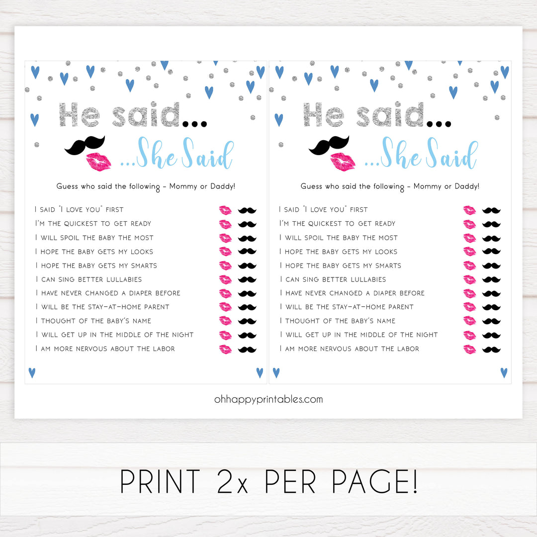 he said she said, baby who said it, Printable baby shower games, small blue hearts fun baby games, baby shower games, fun baby shower ideas, top baby shower ideas, silver baby shower, blue hearts baby shower ideas