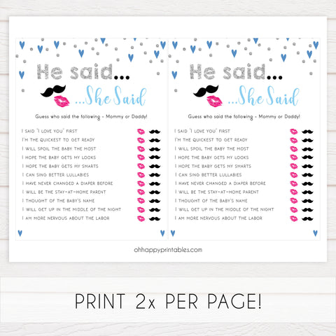 he said she said, baby who said it, Printable baby shower games, small blue hearts fun baby games, baby shower games, fun baby shower ideas, top baby shower ideas, silver baby shower, blue hearts baby shower ideas