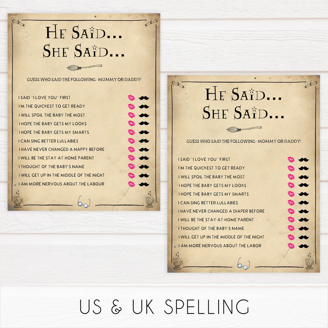 He Said She Said Baby Game, Wizard baby shower games, printable baby shower games, Harry Potter baby games, Harry Potter baby shower, fun baby shower games,  fun baby ideas