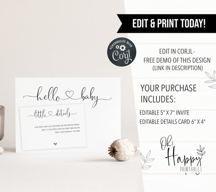 editable baby shower invitations, hello baby invitations, printable baby shower invitations, minimalist baby shower invitations