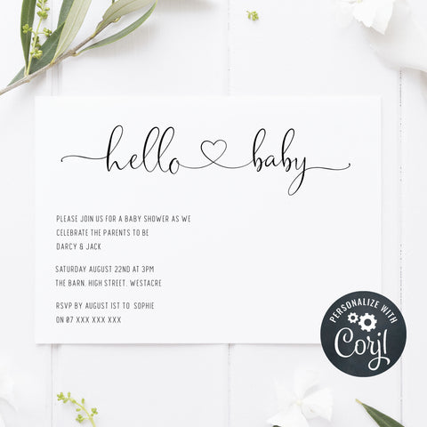 editable baby shower invitations, hello baby invitations, printable baby shower invitations, minimalist baby shower invitations