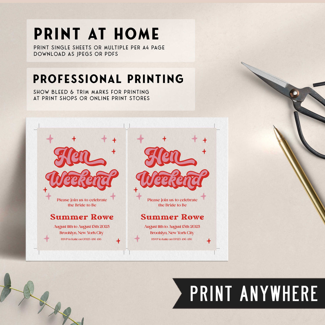 editable hen weekend invitation in 70s style. Fully editable hen party invitation that can be printed at home or with a print company